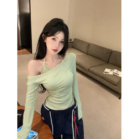 FA46806# 韩系气质时尚减龄纯欲辣妹露肩长袖修身上衣女秋季  服裝批發女裝批發服飾貨源