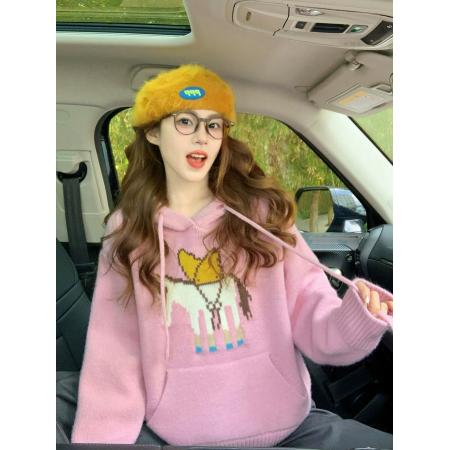 FA46807# 粉色减龄提花连帽毛衣女新款秋冬设计感小个子慵懒软糯针织衫  服裝批發女裝批發服飾貨源