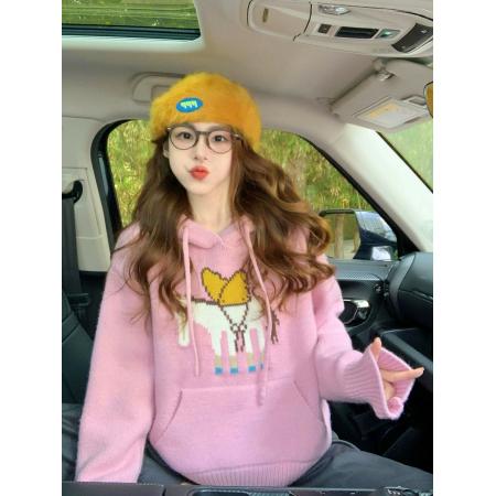 FA46807# 粉色减龄提花连帽毛衣女新款秋冬设计感小个子慵懒软糯针织衫  服裝批發女裝批發服飾貨源