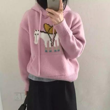 FA46807# 粉色减龄提花连帽毛衣女新款秋冬设计感小个子慵懒软糯针织衫  服裝批發女裝批發服飾貨源