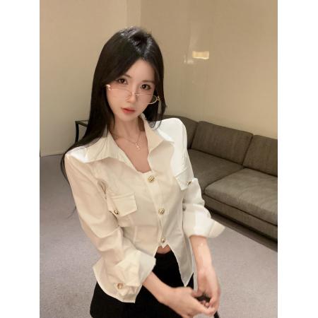 FA46809# 简约气质纯色修身Polo领长袖衬衫上衣  服裝批發女裝批發服飾貨源