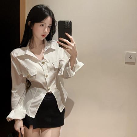 FA46809# 简约气质纯色修身Polo领长袖衬衫上衣  服裝批發女裝批發服飾貨源