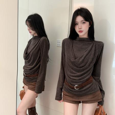 FA46810# 荡领挂脖收腰打底衫上衣配腰带  服裝批發女裝批發服飾貨源