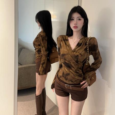 FA46811# v领交叉长袖洋气收腰褶皱晕染上衣  服裝批發女裝批發服飾貨源