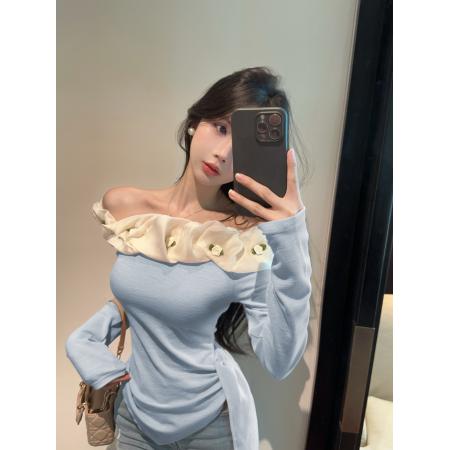 FA46814# 清新甜美立体花朵一字领显瘦不规则百搭上衣  服裝批發女裝批發服飾貨源