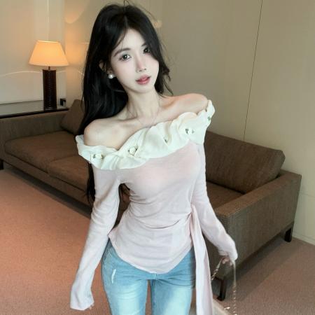 FA46814# 清新甜美立体花朵一字领显瘦不规则百搭上衣  服裝批發女裝批發服飾貨源