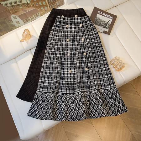 FA46815# 大码女装复古小香风格子针织双排扣荷叶边半身裙  服裝批發女裝批發服飾貨源