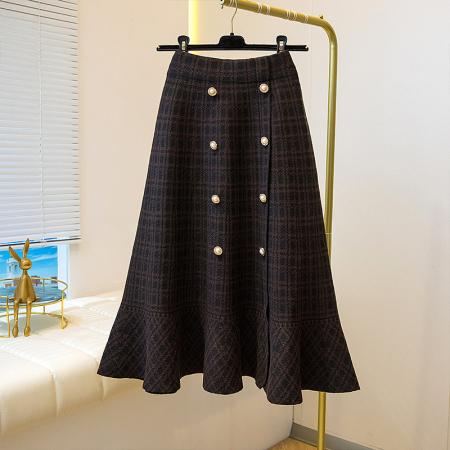 FA46815# 大码女装复古小香风格子针织双排扣荷叶边半身裙  服裝批發女裝批發服飾貨源