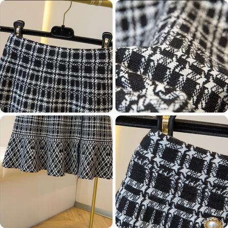 FA46815# 大码女装复古小香风格子针织双排扣荷叶边半身裙  服裝批發女裝批發服飾貨源