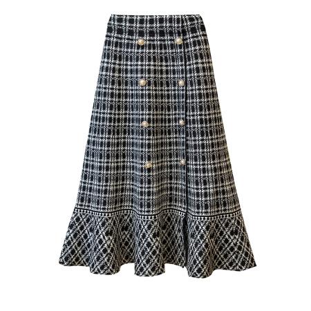 FA46815# 大码女装复古小香风格子针织双排扣荷叶边半身裙  服裝批發女裝批發服飾貨源