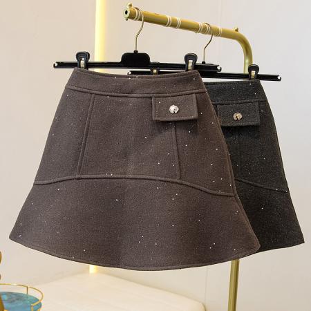 FA46817# 秋冬韩版小香风闪闪高腰显瘦百搭防走光包臀a字毛呢荷叶半身短裙  服裝批發女裝批發服飾貨源