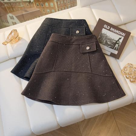 FA46817# 秋冬韩版小香风闪闪高腰显瘦百搭防走光包臀a字毛呢荷叶半身短裙  服裝批發女裝批發服飾貨源