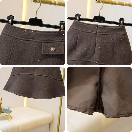 FA46817# 秋冬韩版小香风闪闪高腰显瘦百搭防走光包臀a字毛呢荷叶半身短裙  服裝批發女裝批發服飾貨源
