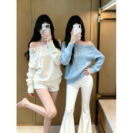 FA46819# 钉钻毛衣/水钻斜肩一字肩针织毛衣女秋季内搭叠穿法式上衣  服裝批發女裝批發服飾貨源