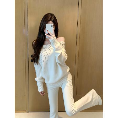 FA46819# 钉钻毛衣/水钻斜肩一字肩针织毛衣女秋季内搭叠穿法式上衣  服裝批發女裝批發服飾貨源