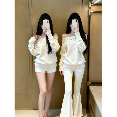 FA46819# 钉钻毛衣/水钻斜肩一字肩针织毛衣女秋季内搭叠穿法式上衣  服裝批發女裝批發服飾貨源