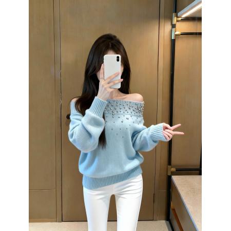 FA46819# 钉钻毛衣/水钻斜肩一字肩针织毛衣女秋季内搭叠穿法式上衣  服裝批發女裝批發服飾貨源