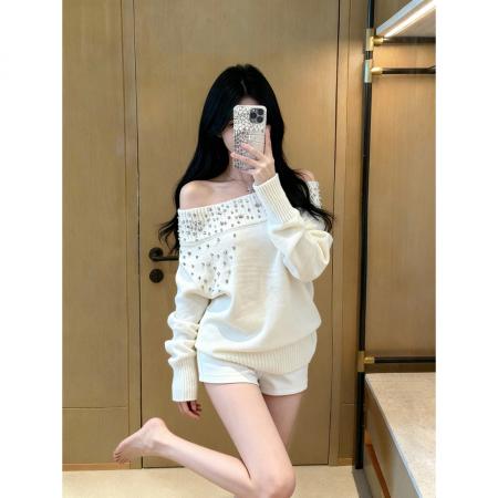 FA46819# 钉钻毛衣/水钻斜肩一字肩针织毛衣女秋季内搭叠穿法式上衣  服裝批發女裝批發服飾貨源