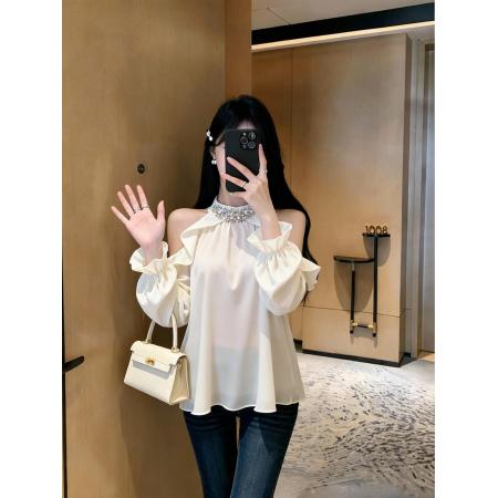 FA46821# 原创纯欲设计感露肩挂脖上衣女法式气质高级感荷叶边缎面衬衫  服裝批發女裝批發服飾貨源