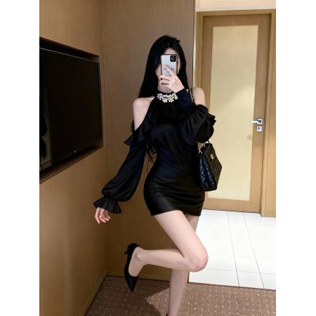 FA46821# 原创纯欲设计感露肩挂脖上衣女法式气质高级感荷叶边缎面衬衫  服裝批發女裝批發服飾貨源