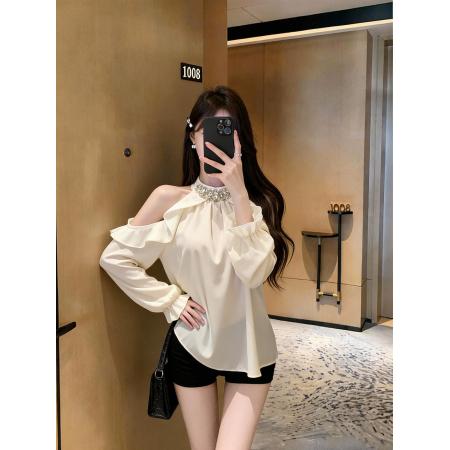 FA46821# 原创纯欲设计感露肩挂脖上衣女法式气质高级感荷叶边缎面衬衫  服裝批發女裝批發服飾貨源