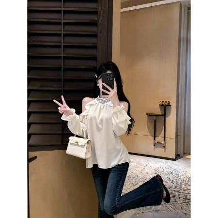 FA46821# 原创纯欲设计感露肩挂脖上衣女法式气质高级感荷叶边缎面衬衫  服裝批發女裝批發服飾貨源