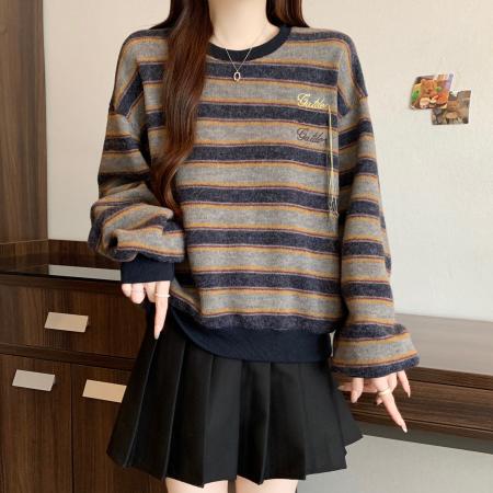 FA46822# 大码韩系简约百搭休闲设计感气质慵懒宽松显瘦刺绣条纹卫衣女  服裝批發女裝批發服飾貨源