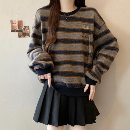 FA46822# 大码韩系简约百搭休闲设计感气质慵懒宽松显瘦刺绣条纹卫衣女  服裝批發女裝批發服飾貨源