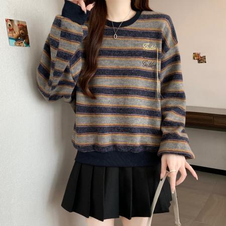 FA46822# 大码韩系简约百搭休闲设计感气质慵懒宽松显瘦刺绣条纹卫衣女  服裝批發女裝批發服飾貨源