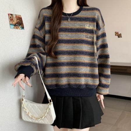 FA46822# 大码韩系简约百搭休闲设计感气质慵懒宽松显瘦刺绣条纹卫衣女  服裝批發女裝批發服飾貨源