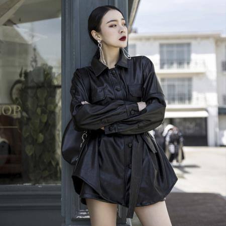 LN76363# 网红秋冬新款御姐风高腰复古长袖中长款宽松收腰皮衣外套女潮