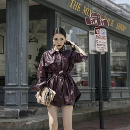 LN76363# 网红秋冬新款御姐风高腰复古长袖中长款宽松收腰皮衣外套女潮