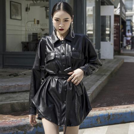 LN76363# 网红秋冬新款御姐风高腰复古长袖中长款宽松收腰皮衣外套女潮