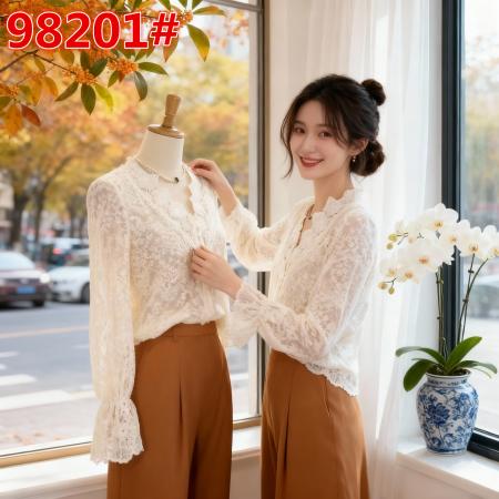 FA46824# 法式复古V领空镂蕾丝性感小衫秋冬新款洋气百搭衬衣女  服裝批發女裝批發服飾貨源