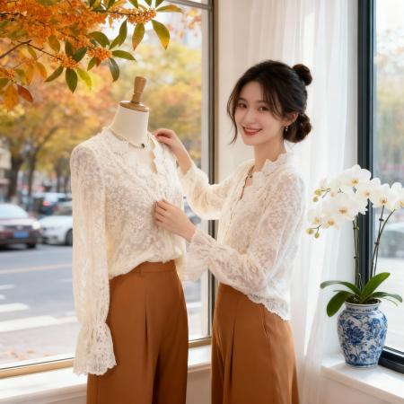 FA46824# 法式复古V领空镂蕾丝性感小衫秋冬新款洋气百搭衬衣女  服裝批發女裝批發服飾貨源