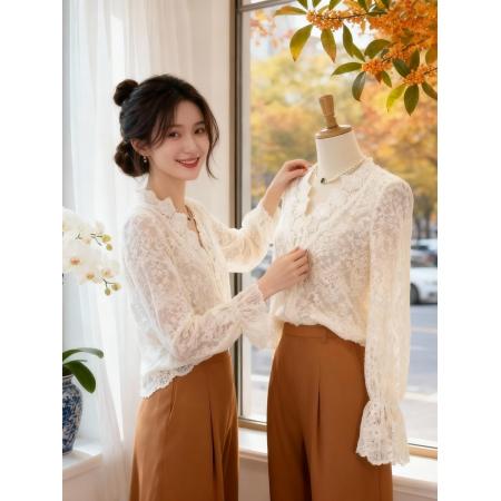 FA46824# 法式复古V领空镂蕾丝性感小衫秋冬新款洋气百搭衬衣女  服裝批發女裝批發服飾貨源