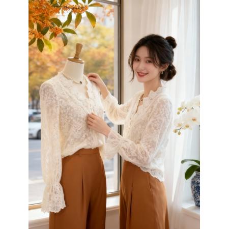 FA46824# 法式复古V领空镂蕾丝性感小衫秋冬新款洋气百搭衬衣女  服裝批發女裝批發服飾貨源