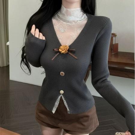 FA46825# 黑色针织衫女新款秋冬穿搭修身内搭上衣蕾丝设计感百搭毛衣  服裝批發女裝批發服飾貨源