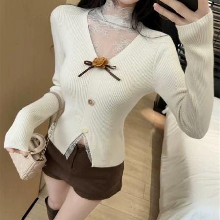 FA46825# 黑色针织衫女新款秋冬穿搭修身内搭上衣蕾丝设计感百搭毛衣  服裝批發女裝批發服飾貨源