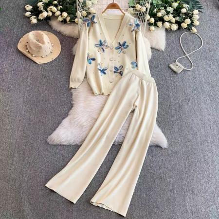 FA46827# 欧美风重工镶钻亮片贴花V领针织开衫外套+高腰显瘦阔腿长裤两件套  服裝批發女裝批發服飾貨源