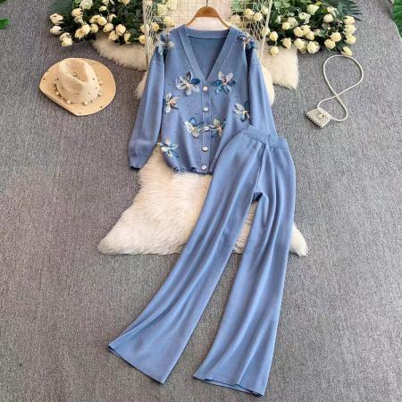 FA46827# 欧美风重工镶钻亮片贴花V领针织开衫外套+高腰显瘦阔腿长裤两件套  服裝批發女裝批發服飾貨源