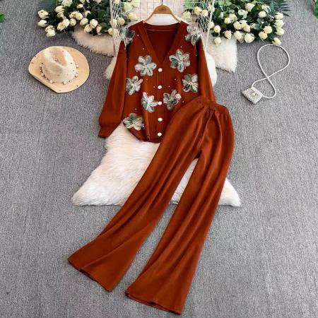 FA46827# 欧美风重工镶钻亮片贴花V领针织开衫外套+高腰显瘦阔腿长裤两件套  服裝批發女裝批發服飾貨源