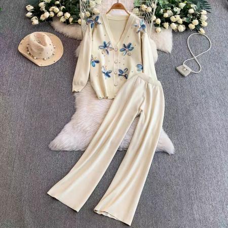FA46827# 欧美风重工镶钻亮片贴花V领针织开衫外套+高腰显瘦阔腿长裤两件套  服裝批發女裝批發服飾貨源