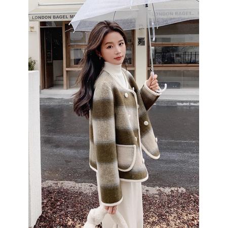 FA46829# 英伦风秋冬新款名媛小香风格子大衣女短款毛呢外套圆领双排扣  服裝批發女裝批發服飾貨源