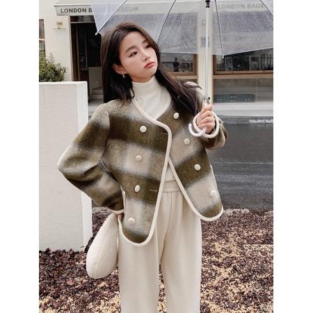 FA46829# 英伦风秋冬新款名媛小香风格子大衣女短款毛呢外套圆领双排扣  服裝批發女裝批發服飾貨源