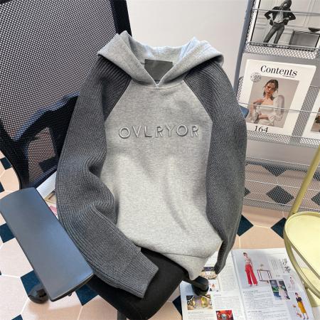 FA46830# 设计感小众字母刺绣撞色插肩卫衣女秋冬oversize加绒加厚连帽外套  服裝批發女裝批發服飾貨源