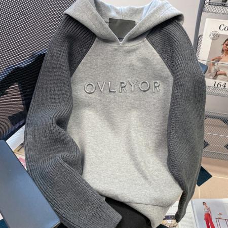 FA46830# 设计感小众字母刺绣撞色插肩卫衣女秋冬oversize加绒加厚连帽外套  服裝批發女裝批發服飾貨源