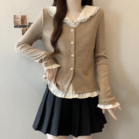 FA46831# 大码女装法式假两件针织衫女秋冬新款显瘦开衫上衣  服裝批發女裝批發服飾貨源