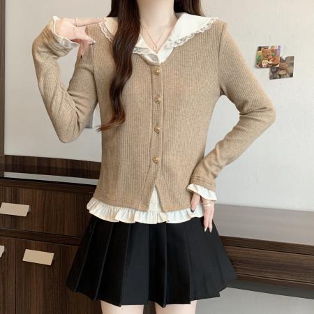 FA46831# 大码女装法式假两件针织衫女秋冬新款显瘦开衫上衣  服裝批發女裝批發服飾貨源