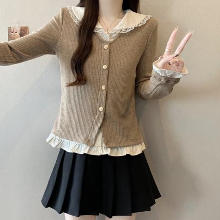 FA46831# 大码女装法式假两件针织衫女秋冬新款显瘦开衫上衣  服裝批發女裝批發服飾貨源